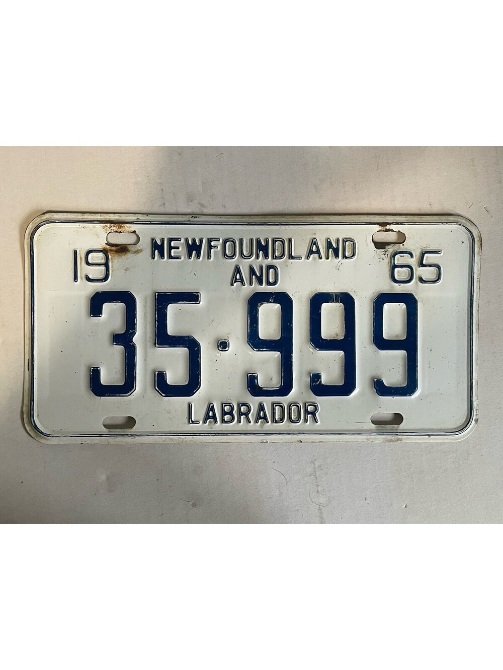 Newfoundland License Plate 1965 Labrador Canada 35 999 Triple Digit 65 NL